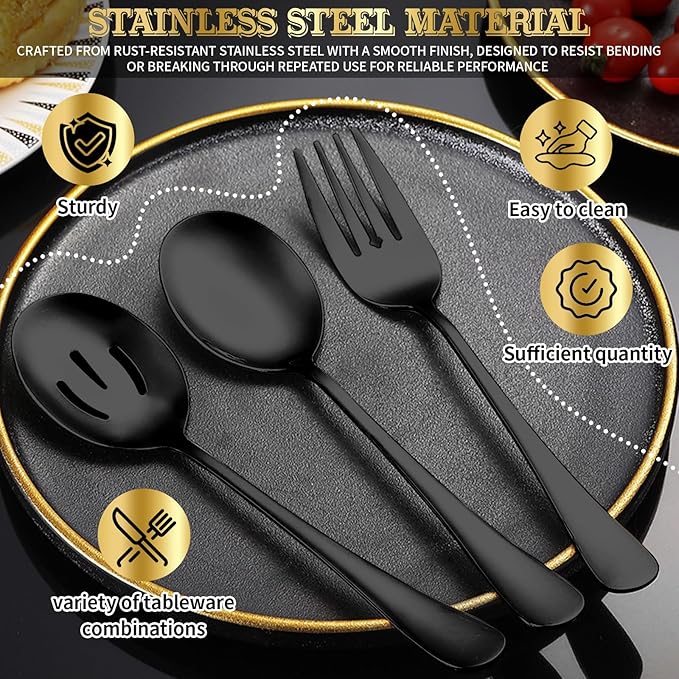 32Pcs Serving Utensils Set Serving Spoons, Buffet Tongs, Cake Spatula, Forks, Perforated Ladles, Soup Scoops, Skimmers and Black Heavy-Duty Serving Tongs (BLACK1)