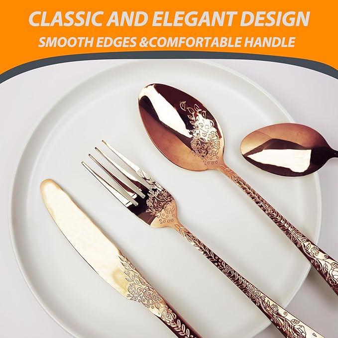 Runfly Vintage Carved Floral Rose Gold/Copper Silverware Set for 4, Stainless Steel 20-Piece Flatware Set with Knife/Fork/Spoon, Cutlery Set for Home and Kitchen, Modern Utensil Set