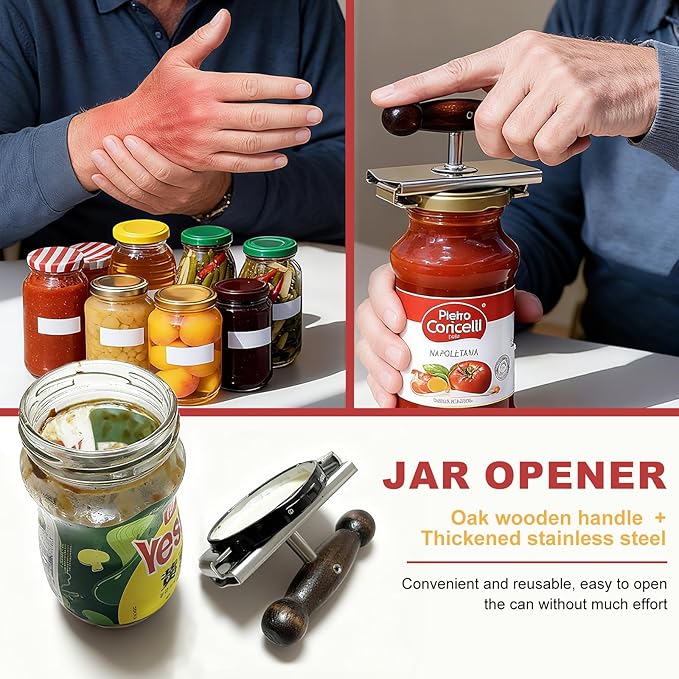 Aesthetic Oak Handle Effortless Jar Opener - Heavy-Duty 304 Stainless Steel Adjustable Cap Crack, Strong Grip for Senior & Weak Hand - Physical Leverage Manual Lid Remover Kitchen Aid Tool