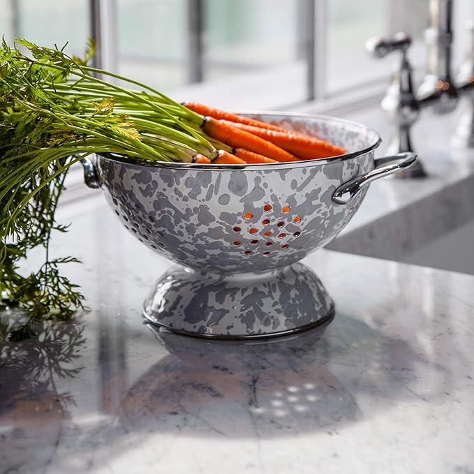 Golden Rabbit Enamelware Medium Colander, 3 quart, Grey Swirl