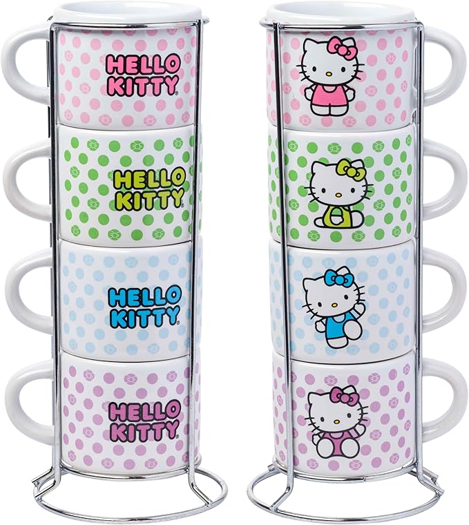 Silver Buffalo Sanrio Hello Kitty Polka Dots 4pc Stackable Ceramic Espresso Small Cup Set, 3 Ounces