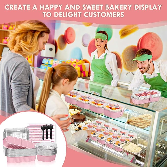 Mini Loaf Pans with Lids for Baking Bread Disposable, 50Pcs 6.8oz Mini Cake Pans with Lids and Spoons Pink Sticker & 30Pcs 10oz Square Aluminum Pans Kit, Dessert Foil Baking Cupcake Tins