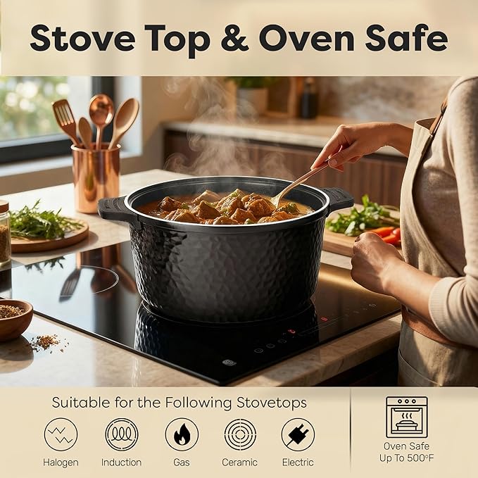 Gotham Steel Hammered 5 Qt Lightweight Dutch Oven Pot with Lid & Holders, Ceramic Non Toxic, Oven Safe & Even Heat Retaining Dutch Oven for Bread Baking Sourdough, Soup, 70% Lighter than Cast Iron