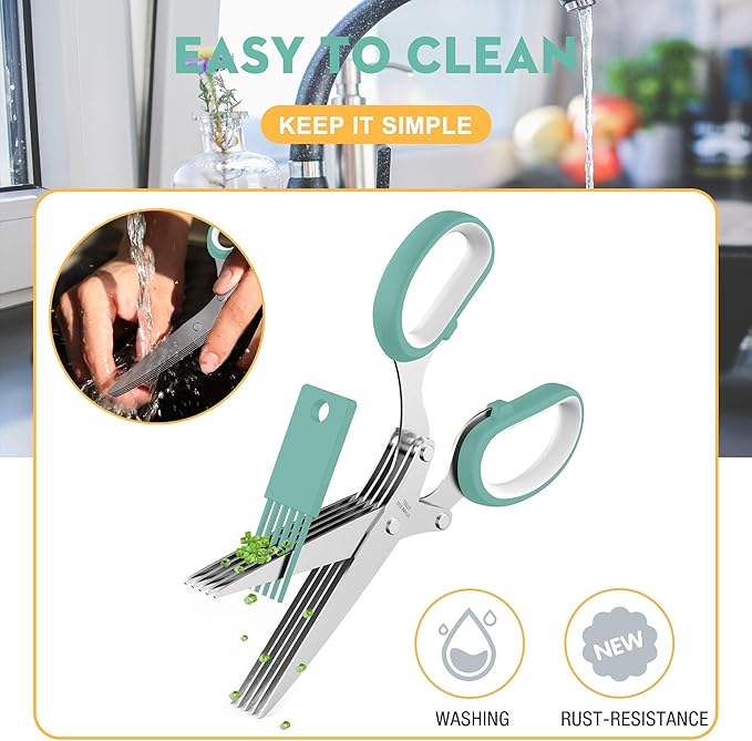 Fun Unique Kitchen Gadgets: Herb Scissors Set - Updated 2026 Cool Kitchen Tools for Cutting Fresh Garden Herbs - Sharp 5-Blade Shears with Cover, Anti-Rust Stainless Steel, Dishwasher Safe (Blue)
