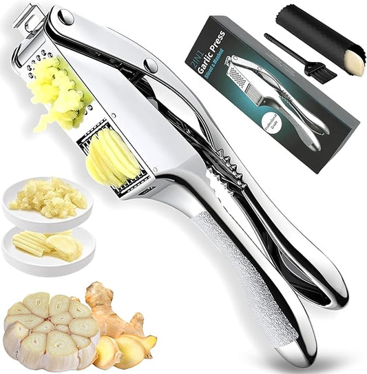 3 in1 Garlic Press Stainless Steel – Heavy Duty Garlic Crusher & Mincer with Cleaning Tool, Ergonomic Easy Squeeze Handle, Rust-Proof Dishwasher Safe Garlic Mincer for Kitchen