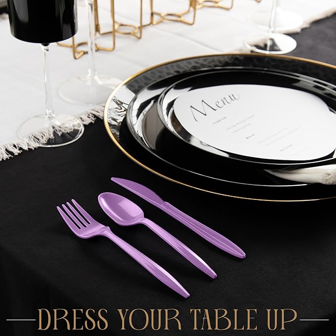 PLASTICPRO 400 Pack Disposable Plastic Utensils Assorted Colored Cutlery Combo Set Forks Spoons Knives Silverware, Purple Plastic Cutlery for Parties