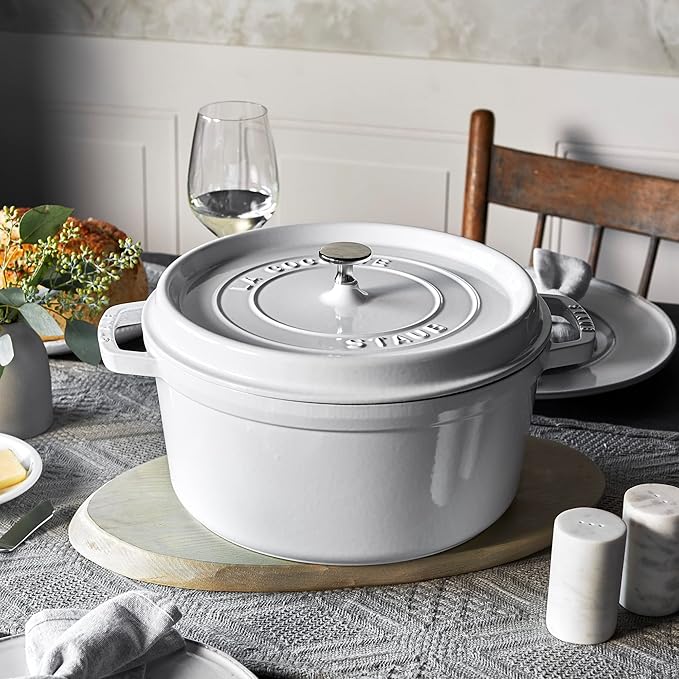 STAUB Cast Iron Dutch Oven 7-qt Round Cocotte, Serves 7- 8, Made in France, White
