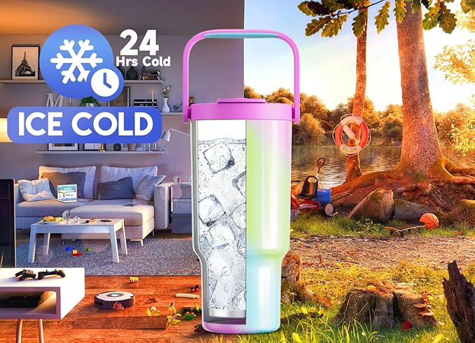 Meoky 32 oz Tumbler with Handle, Tumbler with Lid and Straw, Stainless Steel Travel Mug, 100% Leak Proof, Keeps Cold for 24 Hours, Fits in Car Cup Holder (Fairytale)