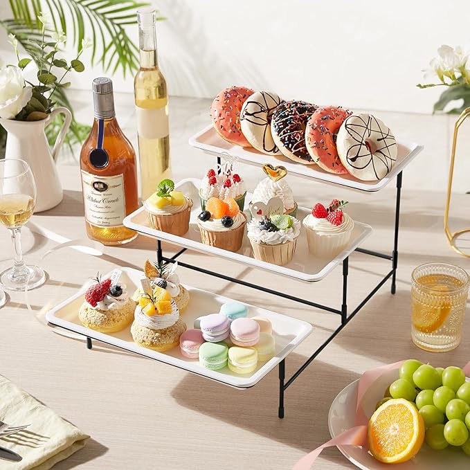 Lifewit 3 Tier Serving Tray, 30 x 17 cm/12 x 6.5 White Plastic Tiered Food Serving Platters, Tiered Tray Stand for Party with Black Collapsible Metal Stand, Dessert Display Stand for Cookies/Crackers