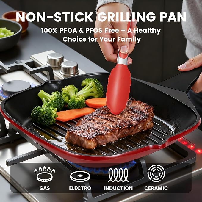 11 Inch Nonstick Grill Pan, Square Large Grilling Skillet Steak Pan for Stove Tops, Granite Coating Grill Skillet with Pour Spouts, PTFE & PFOA Free, Durable Grilling Pan for Indoor & Outdoor