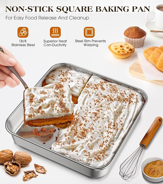 8 x 8-Inch Baking Pan with lid, 304 Stainless Steel Square Cake Pan, Bakeware for Cakes Brownies Casseroles, Thicker Rectangle Sheet Cake Pans, Non-toxic & Heavy Duty & Dishwasher Safe - Set of 2