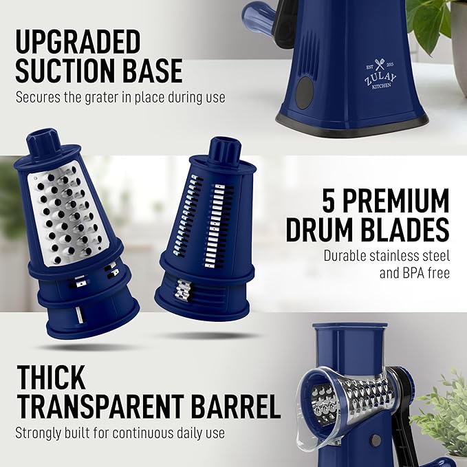 Zulay Kitchen Rotary Cheese Grater 5 Blade Cheese Shredder - Manual Hand Crank Cheese Grater With Reinforced Suction & 5 Interchangeable Drums - Easy to Use, Vegetable Chopper Round Mandoline Slicer
