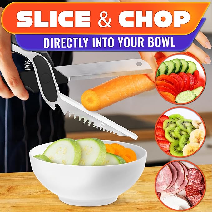 Cutting Board Scissors 7-in-1 – Kitchen Shears Heavy Duty with Built-In Mini Board, Ribbed & Flat Blades, Spring-Assist & Safety Lock – Dishwasher-Safe Meat Scissors for Fruit, Veggies & Meat Prep