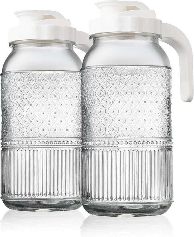 Glass Pitchers Set of 2 – Mason Jar Style Pitcher with Handle & Lid, 64 oz Water Jug for Juice, Iced Tea, Cold Brew, Water, Vintage Claro Collection Kitchen Décor
