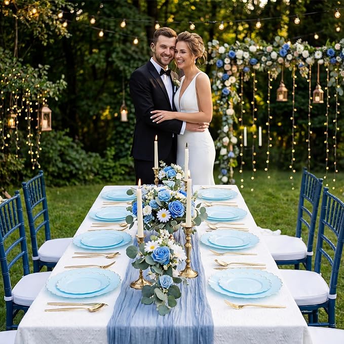 LIYH 120 Pcs Baby Blue Plastic Plates with Gold Edge - Disposable Light Blue Scalloped Baby Shower Plastic Plates Includes 60 Dinner Plate 10.25" & 60 Dessert Plate 7.5" for Party Birthday Easter