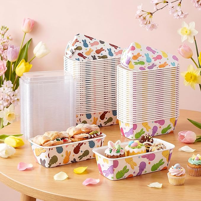 LemonRoad 100 Pcs Easter Mini Loaf Pans with Lids 6.3 x 2.2 x 2.2 Inch Rabbit Disposable Paper Baking Pans Bulk, Easter Baby Shower Baking Party Supplies for Cake Bread Oven Bakery