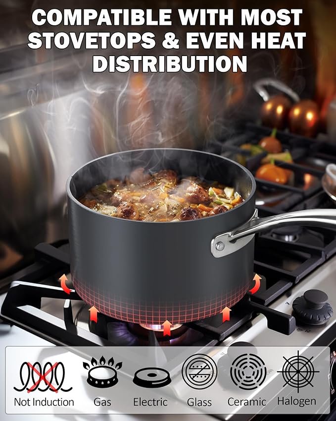 Cooks Standard Nonstick Sauce Pan Set, 1Qt & 2Qt Hard Anodized Saucepans with Lid Cooking Pots, Oven Safe, Easy to Clean, Black