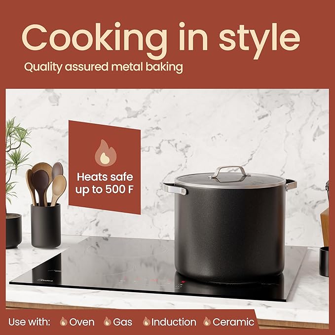 Bakken 12.5 Quart Ceramic Coated Stock Pot with Lid, Easy Clean Nonstick Pot, Tempered Glass Lid, Riveted Stainless Steel Handles, Oven Safe Up To 500°F, PTFE & PFAS Free, All Stove Compatible, Black