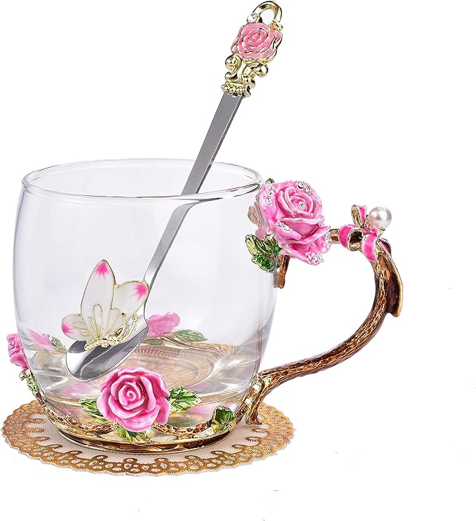SUQ I OME Enamel Rose and Butterfly Flower Glass Tea Cup, Birthday Gifts For Women,Wife, Friend for Valentines Wedding, Pink Rose,11oz