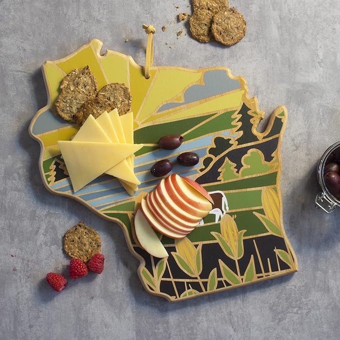Totally Bamboo Wisconsin State Shaped Cutting Board and Charcuterie Serving Platter with Artwork by Summer Stokes, Includes Hang Tie for Wall Display Varies