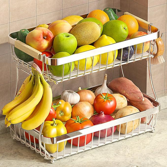 2 Tier Large Fruit Basket for Kitchen Counter with 2 Mobile Banana Hangers, 2026 Pro Detachable Metal Fruit Bowl with Wooden Handle (Silver, 2 Tier Extra Large)