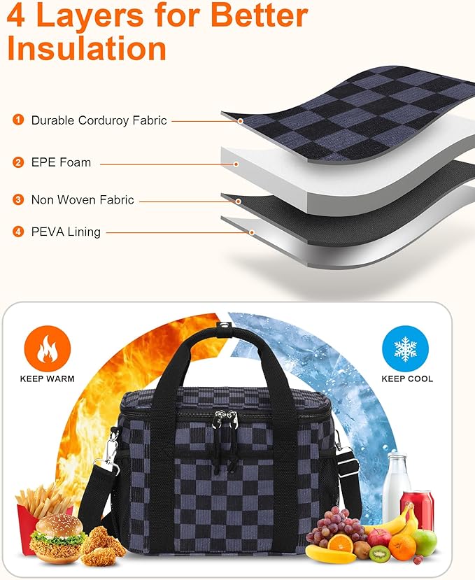 LOIDOU Lunch Box for Women Men Insulated Corduroy Lunch Bag Cooler Leakproof Reusable Adult Lunchbox Adjustable Strap lunch tote for Work Office Picnic, Gray-Black Grid