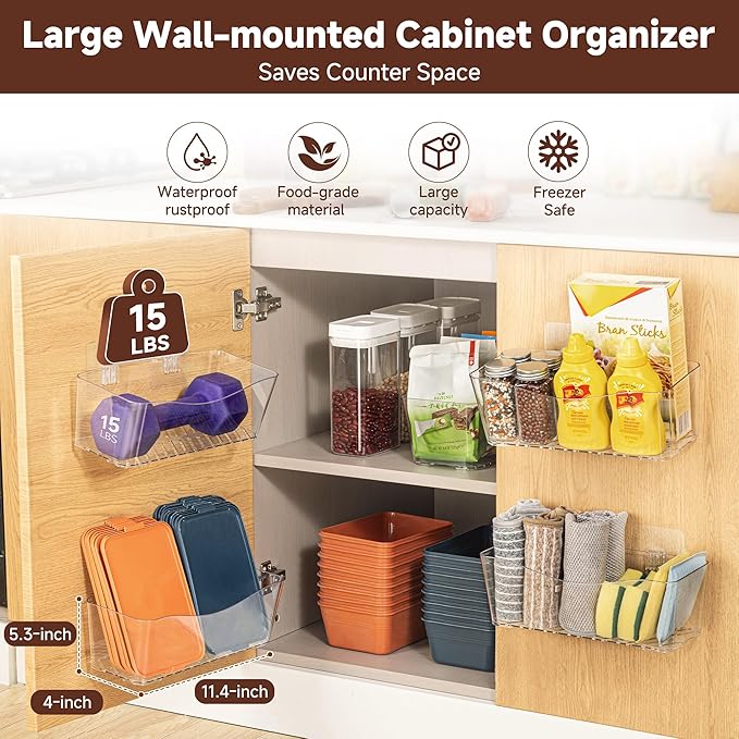4-Pack Large Cabinet Door Organizer, 11.4" Wall Mounted Pantry Organizers and Storage, Space Saving, Drain Bottom, Adhesive Clear Plastic Storage Bins for Kitchen, Refrigerator, Countertop, Under Sink