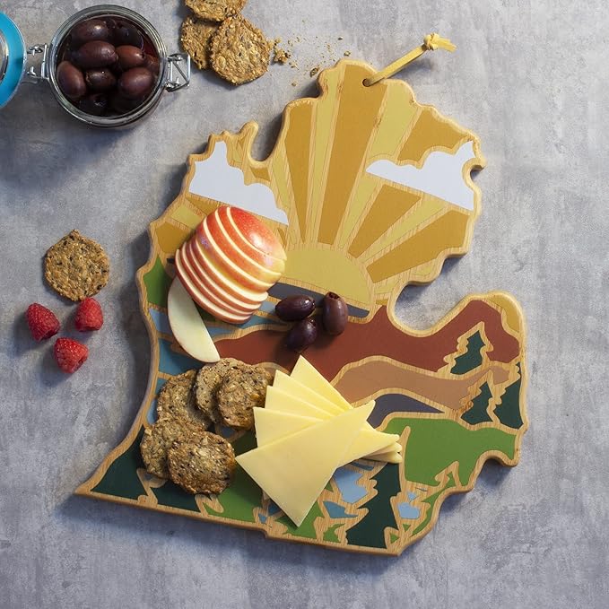 Totally Bamboo Michigan State Shaped Cutting Board and Charcuterie Serving Platter with Artwork by Summer Stokes, Includes Hang Tie for Wall Display Varies