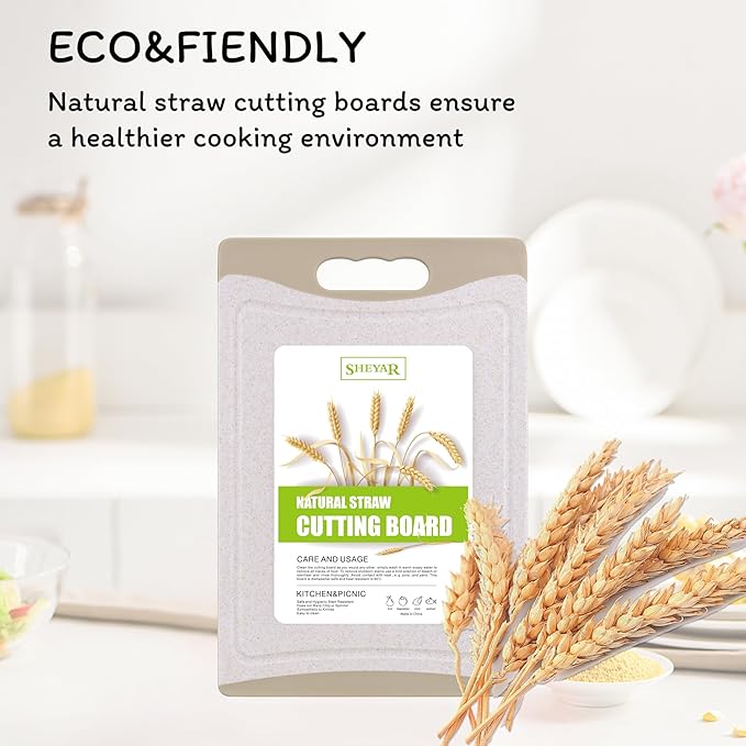 Cutting Board for Kitchen, Wheat Straw Fiber Cutting Board, Dish Washer Safe, w/Juice Grooves for Meat, Veggies,Easy Grip Handle, Non-slip Surface,Eco-friendly,Serveware Accessories 2 PCAK