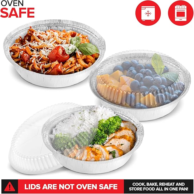 Stock Your Home 7 Inch Round Aluminum Pans with Lids (50 Pack) Disposable Foil Pan with Clear Dome Top, To Go Pie Tins, Containers for Baking or Take out Food