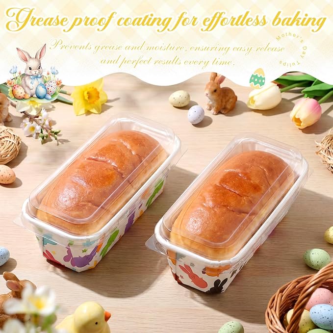 LemonRoad 100 Pcs Easter Mini Loaf Pans with Lids 6.3 x 2.2 x 2.2 Inch Rabbit Disposable Paper Baking Pans Bulk, Easter Baby Shower Baking Party Supplies for Cake Bread Oven Bakery