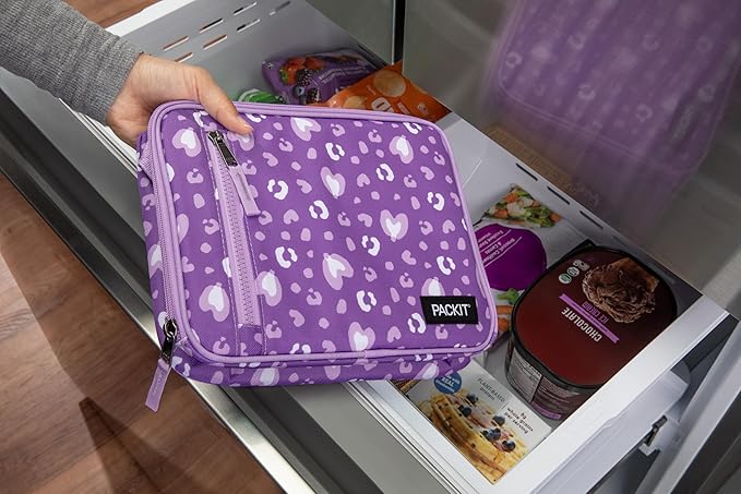 PackIt(R) Freezable Classic Lunch Box, Leopard Hearts Purple, Built with EcoFreeze(R) Technology, Reusable, Zip Closure With Zip Front Pocket and Buckle Handle, Designed for Fresh Lunch On the Go