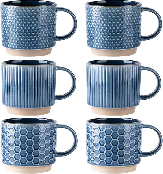 GBhome 12 OZ Stackable Coffee Mugs Set of 6, Ceramic Coffee Mugs with Texture Patterns for Man,Woman,Dad,Mom, Modern Coffee Cups for Latte/Cappuccino/Cocoa. Dishwasher&Microwave Safe