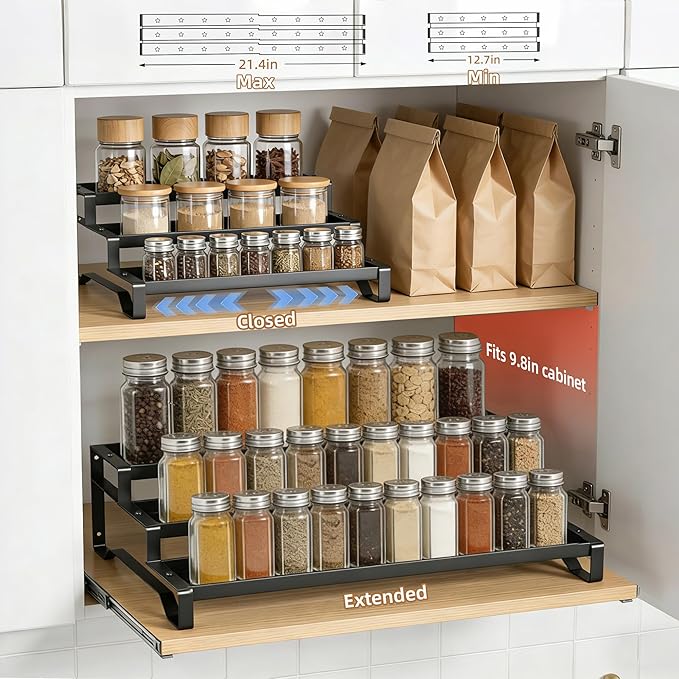 Expandable Spice Rack Organizer for Cabinet 3 Tiered Metal Seasoning Organization with Guardrails Spice Shelf Storage for Jars Adjustable Length 13"-21" Black 1Pack