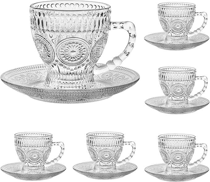 Vintage Glass Tea Cups with Saucers, Glass Mugs 7 Oz Set of 6 Espresso Coffee Embossed Glassware with Handle, for Cappuccino, Latte, Cereal, Yogurt, Beverage Hot/Cold, Milk…