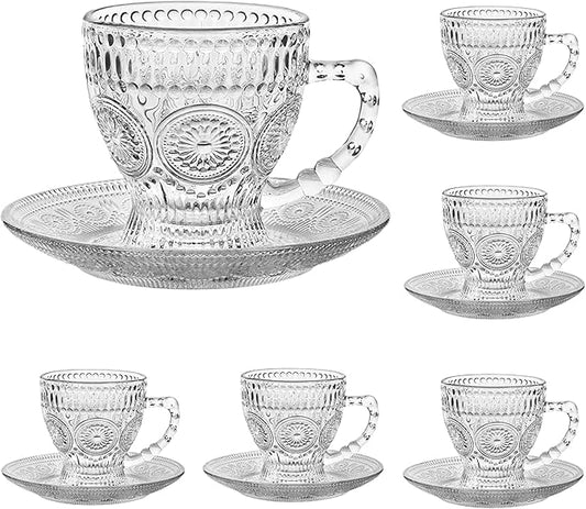 Vintage Glass Tea Cups with Saucers, Glass Mugs 7 Oz Set of 6 Espresso Coffee Embossed Glassware with Handle, for Cappuccino, Latte, Cereal, Yogurt, Beverage Hot/Cold, Milk…