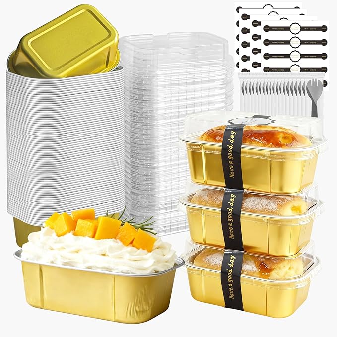 Mini Cake Pans With Lids And Spoons,5.5 oz Rectangle Mini individual Loaf Pans Disposable Aluminum Foil Small Baking Cups Tins (200, Gold)