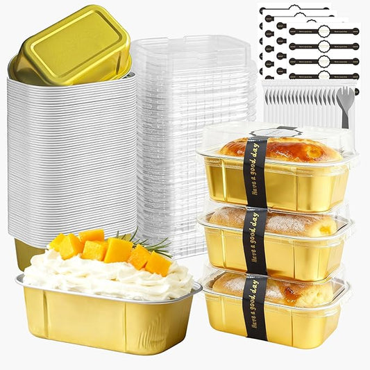 Mini Cake Pans With Lids And Spoons,5.5 oz Rectangle Mini individual Loaf Pans Disposable Aluminum Foil Small Baking Cups Tins (200, Gold)
