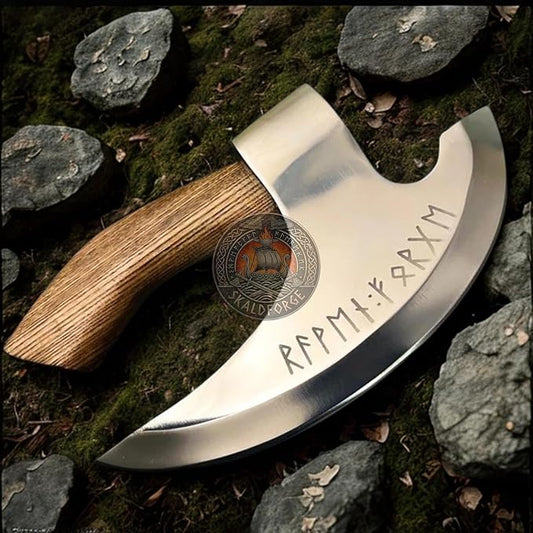 Viking Pizza Cutter Axe with Leather Sheath, Rune Engraving Carbon Steel Blade with Ash Wood Handle, Pizza Slicer Unique Tool for Kitchen & BBQ, Best Gift for Men and Women