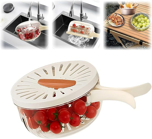 2 in 1 Fruit Vegetable Washing Bowl with Strainer,1 QT Multipurpose Drain Basket with Lid & Foldable Handle,Fruit Strainer Container for Kitchen,Fridge,Picnics,Apartment