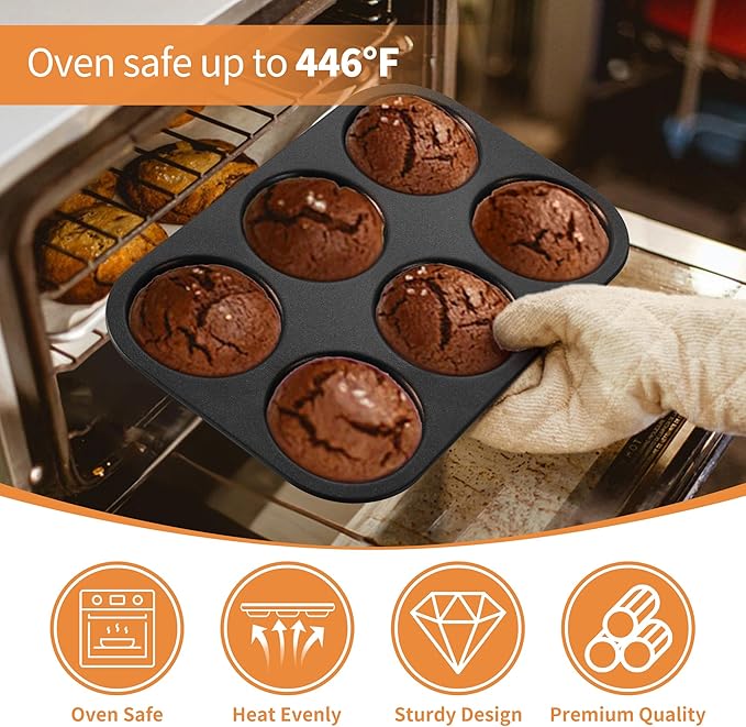 P&P CHEF Muffin Top Pan Set of 1, Stainless Steel 6-Cavity Shallow Cupcake Pans, Standard Bakeware for Eggs, Whoopie Pies, Cornbread, Cookies, Yorkshire Pudding, Easy Clean & Oven Safe, Black
