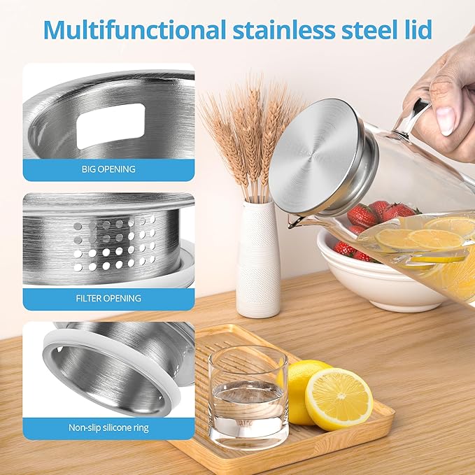 3 Sets Glass Pitcher with Lid, 50 oz / 1500 ml Water Carafe with Handles Hot Cold Beverage Water Jar Glass Jug (Stainless steel lid)