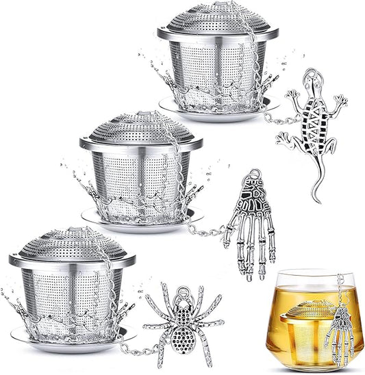 3 Sets Tea Infusers Steeper for Loose Leaf Tea Holder Stainless Steel Tea Ball Mesh Strainer Filters with Drip Trays and Pendant(Horrible Style)