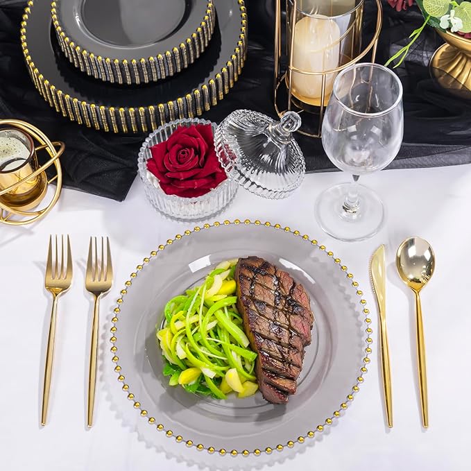 EI 60pcs Clear Black and Gold Plastic Plates Disposable Plates Heavy Duty,10" Dinner & 7" Dessert Clear Black Plate Perfect Wedding,Party,Birthday,Anniversary,Business Events