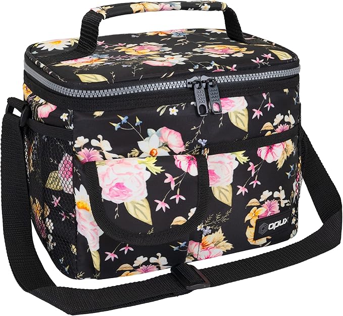 opux Insulated Lunch Bag for Men Women, Leakproof Floral Black Lunch Box for Work, Portable Soft Lunch Cooler Bag with Shoulder Strap, Adult Lunchbox Lunch Pail for Kid Boy Girl School, 14 Can/8L