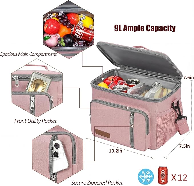 MIYCOO Lunch Box Lunch Bag for Women - Insulated LunchBox Leakproof Cooler Tote, Reusable Soft Bag with Shoulder Strap for Work, Picnic, Beach & Travel, 12-Can (9L) - Pink