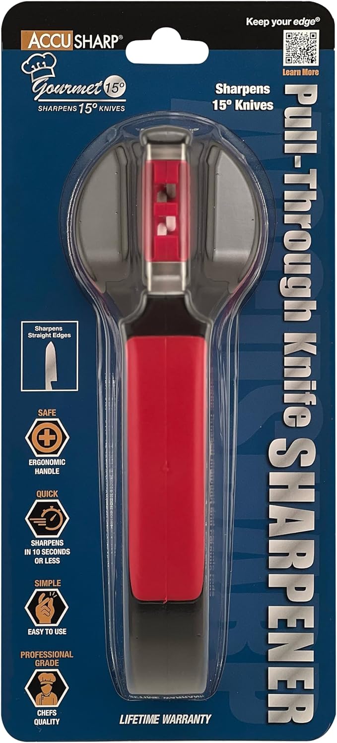 AccuSharp Gourmet 15º Pull-Through Knife Sharpener, Helps Repair, Restore, Polish & Hone Blades, 2 V-Notched Sharpening Slots for Straight & Serrated Gourmet Knives