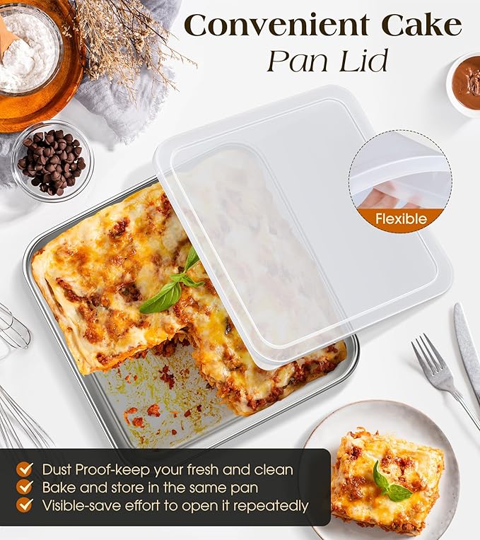 8 x 8-Inch Baking Pan with lid, 304 Stainless Steel Square Cake Pan, Bakeware for Cakes Brownies Casseroles, Thicker Rectangle Sheet Cake Pans, Non-toxic & Heavy Duty & Dishwasher Safe - Set of 2