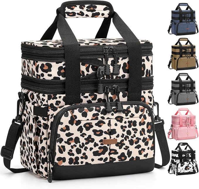 Lunch Box For Men Women Double Deck Insulated Lunch Bag For Men Woman Leakproof Expandable Cooler Bag with Adjustable Shoulder Strap for Work Picnic School(Leopard,Medium)