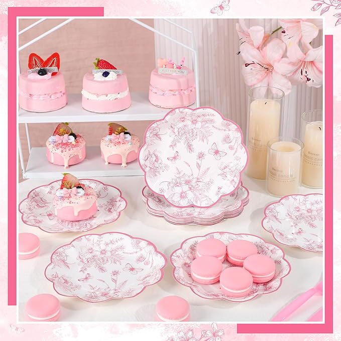 30 Pcs Pink Floral Paper Plates, 7 inch Tea Party Plates Vintage Flower Toile Plate Pink and White Dessert Plate Disposable for Easter Baby Bridal Shower Mother's Day Birthday